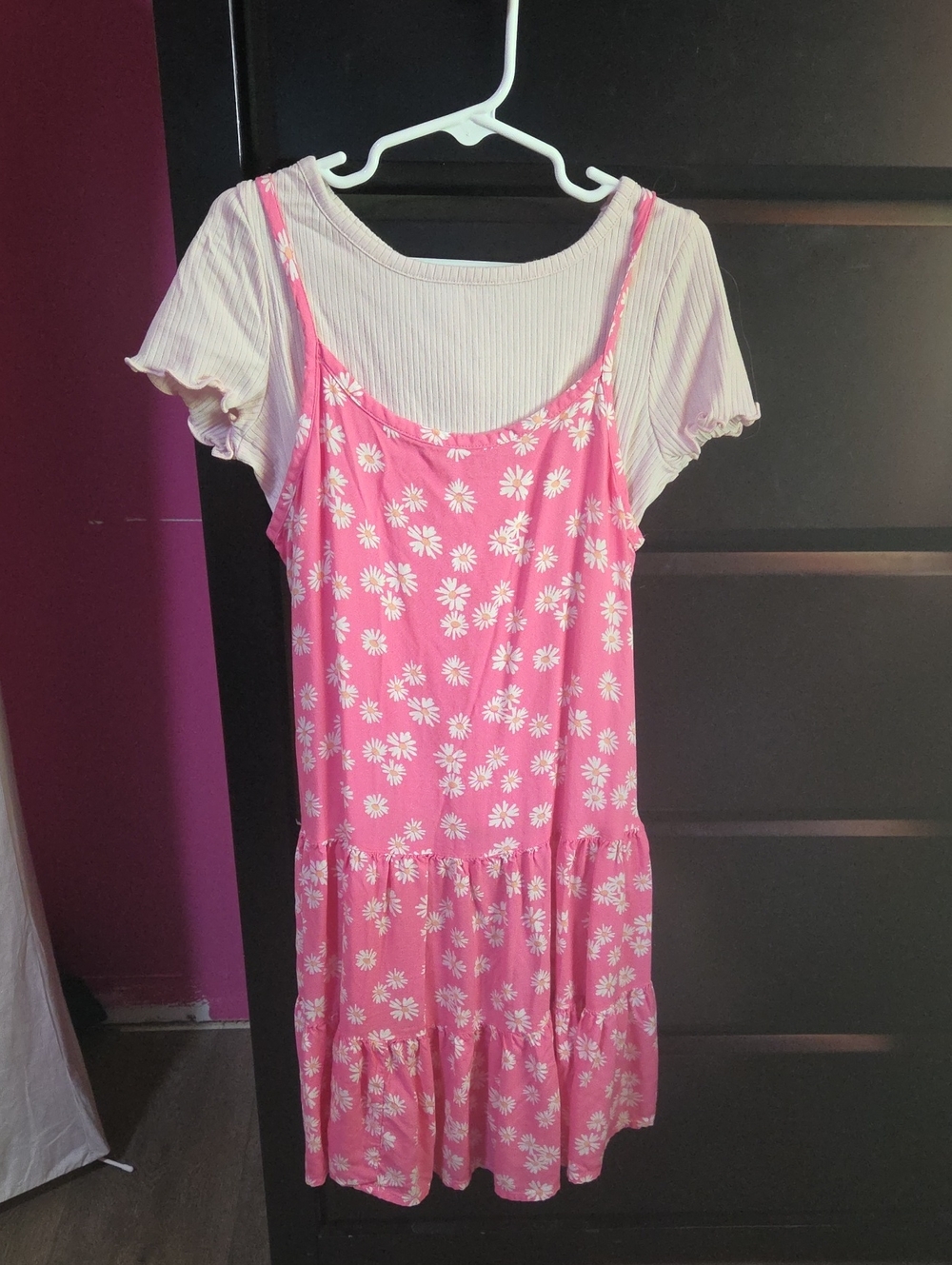 jumping beans Pink Daisy Tiered Sundress with White Tee